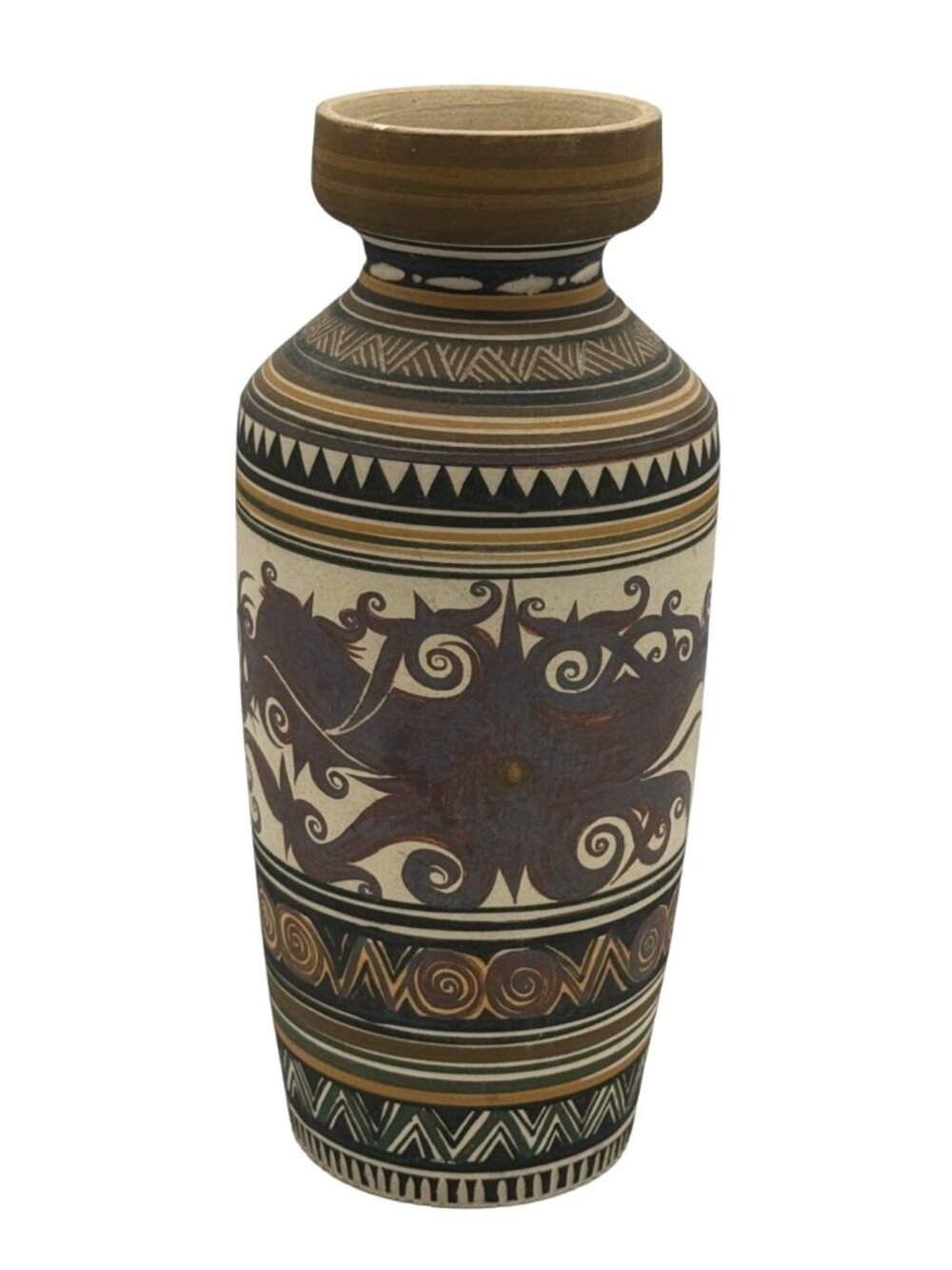 Vtg Earthenware Pottery Vase Handmade Painted Etched Brown Black Malaysia 11.5"